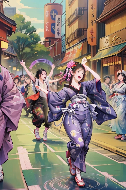 (Japan Bon Odori,最高masterpiece,Highest quality), Hot August,Bright vibrant anime art,People of all ages and genders dance and dance, Dancing in yukata,Laughing and dancing, Showing white teeth,Men and women dance in a circle, masterpiece,Highest quality,High resolution,