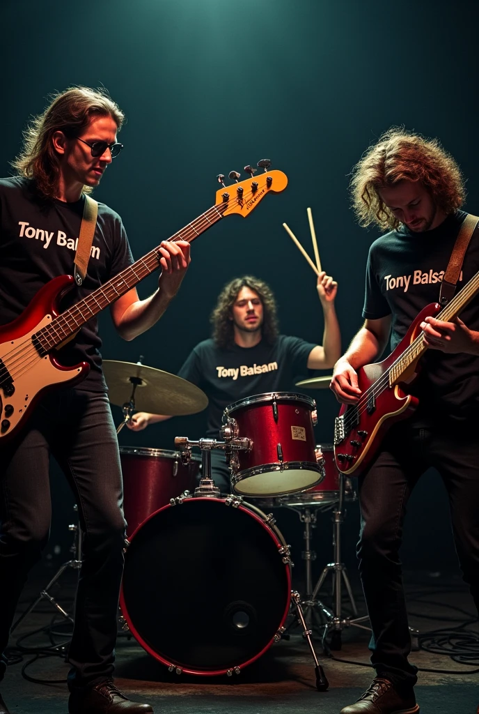 Three-man music band wearing a black t-shirt that writes Tony Balsam on it, with one member holding a long guitar, one member with curly hair playing a bass guitar, and one member with curly hair playing the drums with drum sticks.