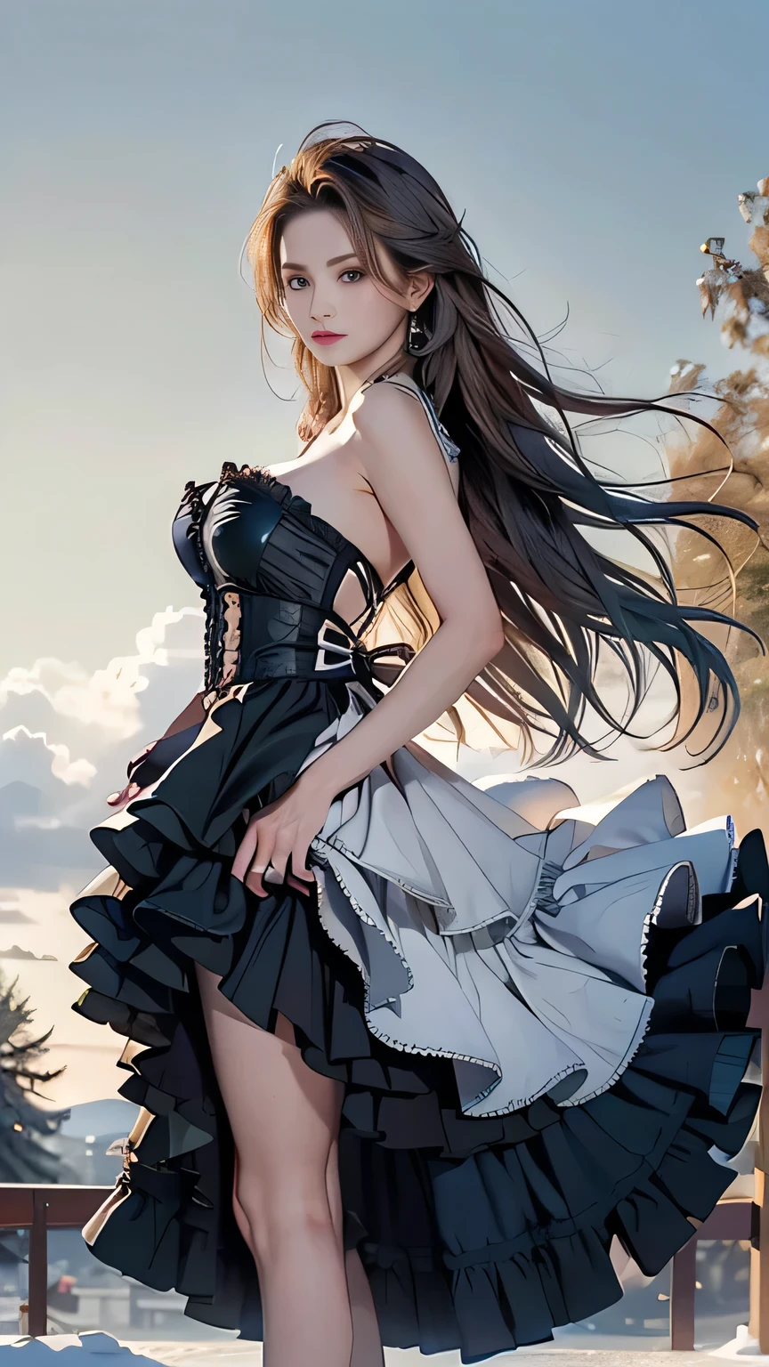 ((cowboy shot)), ((Short hemlines, sexy long legs)), ((Elegant and charming posture, random view shots)), realistic detailed photo of a giant breasted girl with exposed shoulders, detailed fingers, high quality skin, red eyes, alone in a winter scene with clouds, wind, and flowing hair, (best quality,4k,8k,highres,masterpiece:1.2),ultra-detailed,(realistic,photorealistic,photo-realistic:1.37),studio lighting,vivid colors