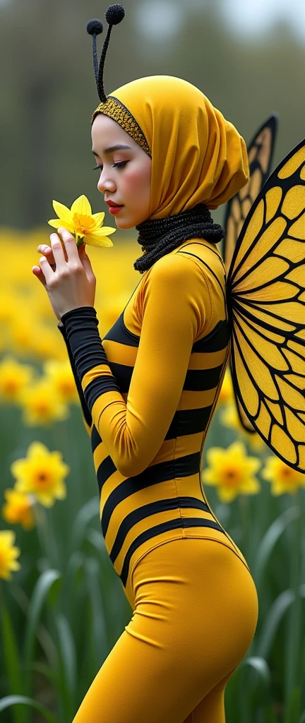 The beautiful Malaysian muslimah adult girl with beautiful cheeks wears yellow Bee lycra turtleneck unitard catsuit covered with black stripes.She has a pair of insect wings.She always wear yellow bee lycra elastane stretchy dancewear square hijab covered with black stripes with antenna.She smells a daffodil flowers