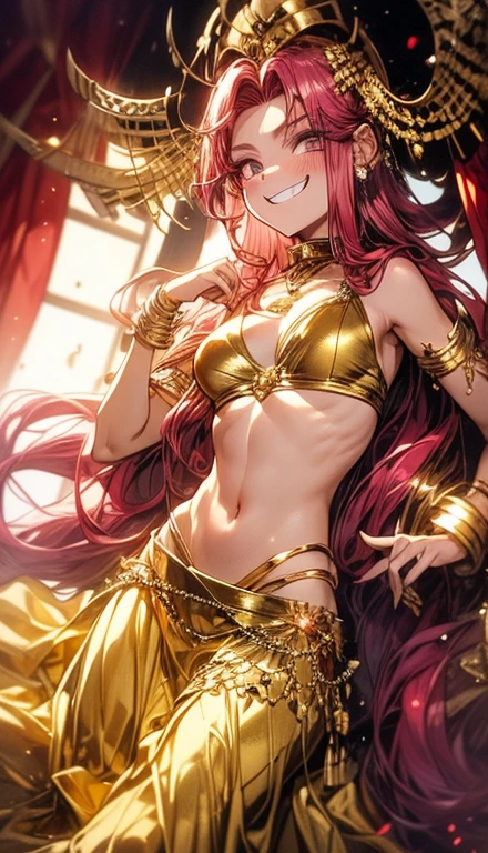 A smug narcissistic pink haired woman wearing a golden bra and long golden skirt and lots of jewelry flaunting herself