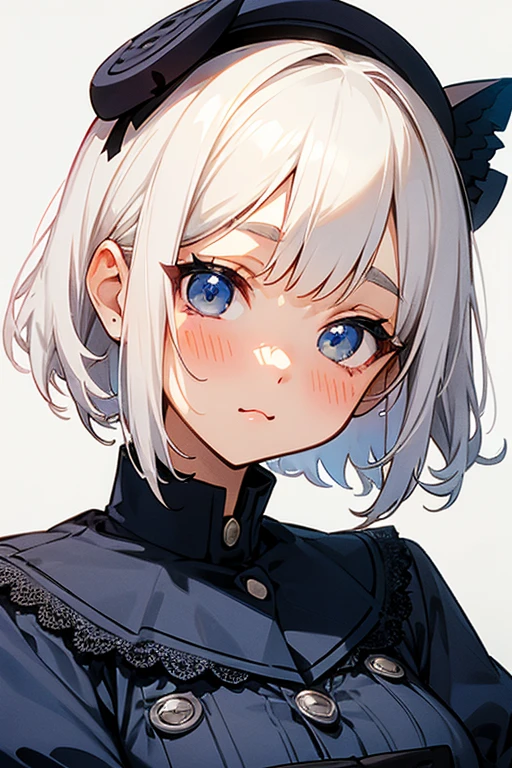 Short white hair, blush, Lace dress、Punk Fashion、Headbang 2.、Navy blue uniform、Face close-up、(Cute upward glance).