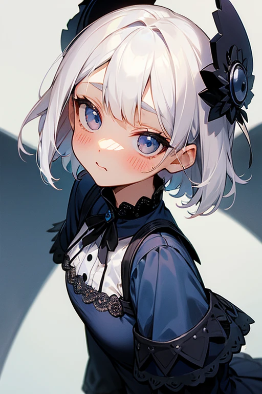 Short white hair, blush, Lace dress、Punk Fashion、Headbang 2.、Navy blue uniform、Face close-up、(Cute upward glance).