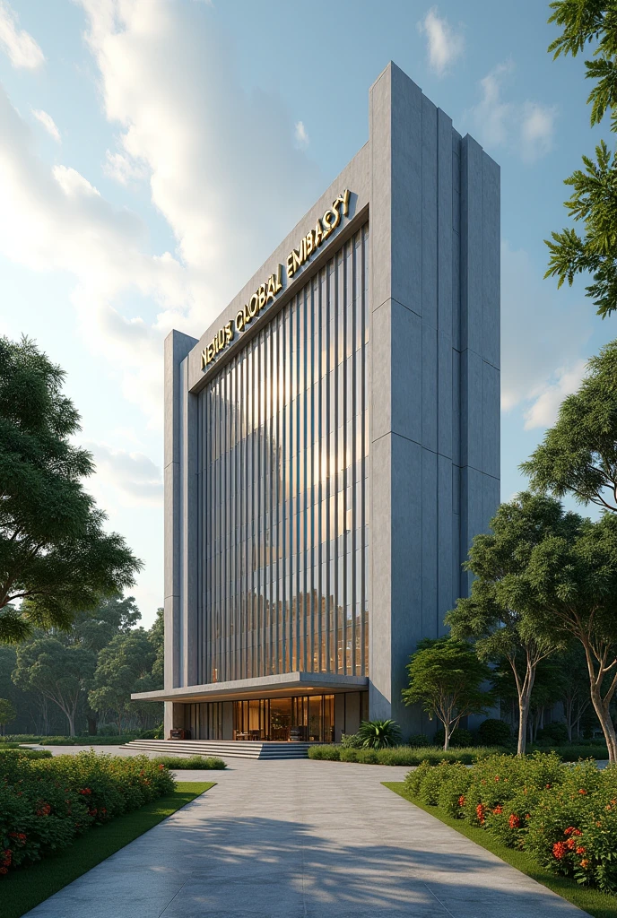 An image of a Corporate embassy put the words Nexus Global Embassy I want it to have the words Nexus Global Embassy on a concrete.The building has its own compound that is extremely developed with grass, trees and flowers Singaporean architecture expose the words Nexus Embassy ok I like this one don't change it