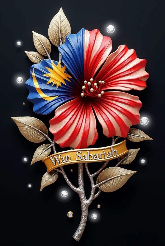 Brooch hibiscus with malaysia flag as the pattern and WAN SABARIAH inside ribbon under it with glowing white diamonds scattered around