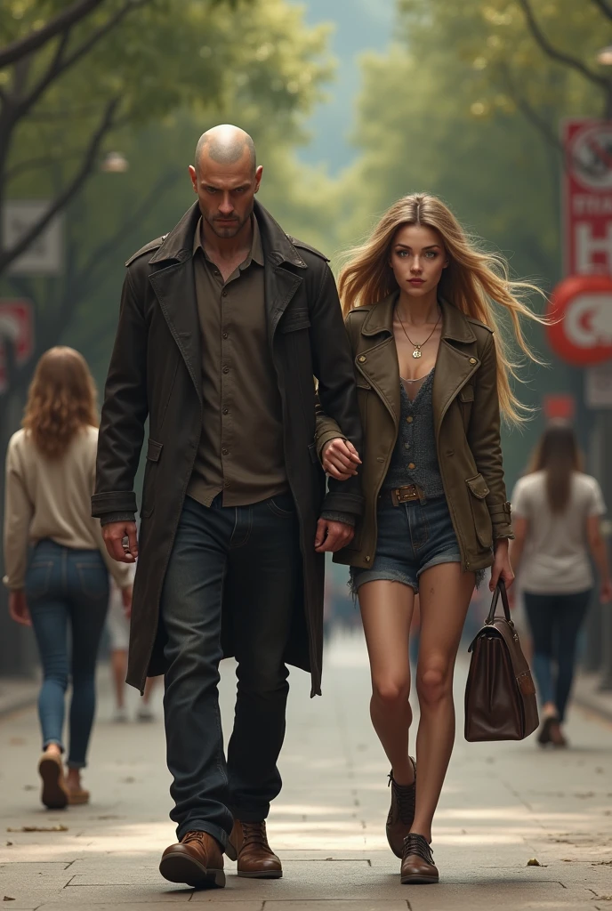 (photo realist)
a very very very very ugly woman, is walking with her tall boyfriend, blacksad, with shaved hair, the boyfriend watches intently as a brunette woman with black hair with long blond ends passes