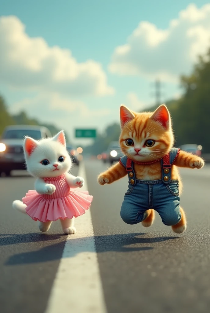 A little white cat in a pink frock reaches on highway in front of cars while running and gets scared and suddenly a brown cat in blue geans comes to protect her