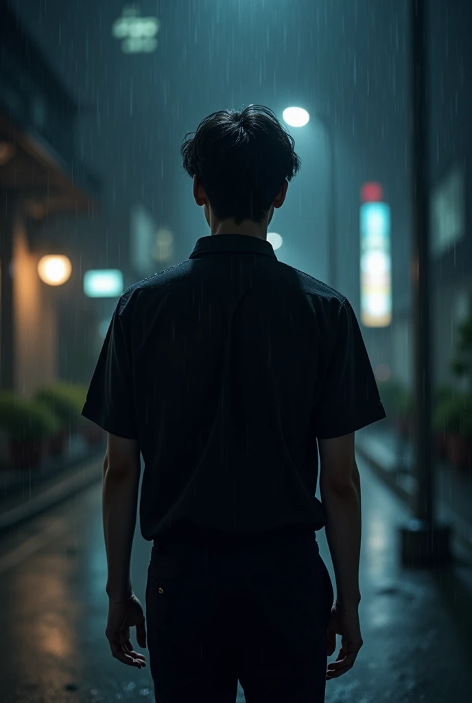 24 year's men, short hair, rainy season, men back short, black shirt &black pant, 176 cm tall,night image,holding his hands