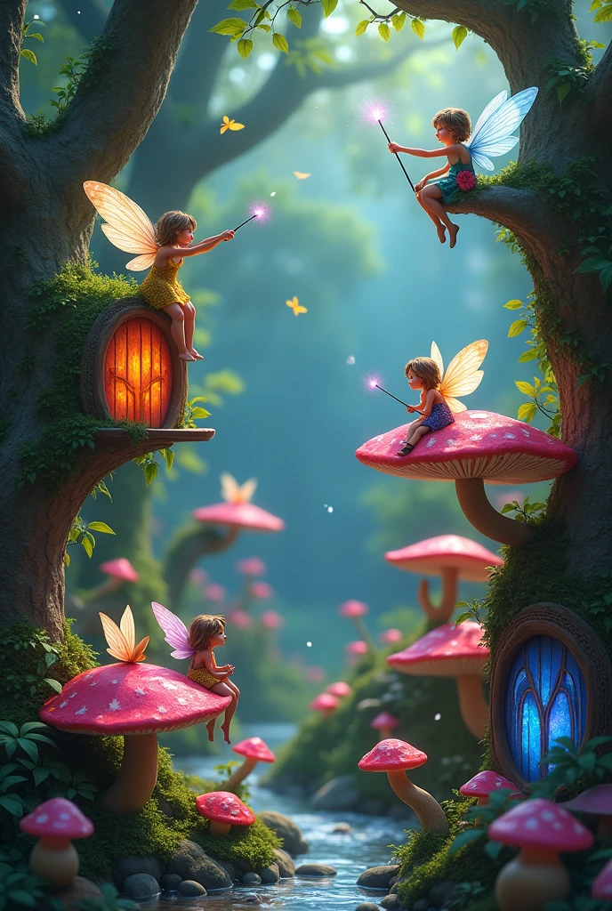 Fairy garden with magic forest trees and fairy doors colourful toadstool with fairies sat on them and fairies flying with magic wands