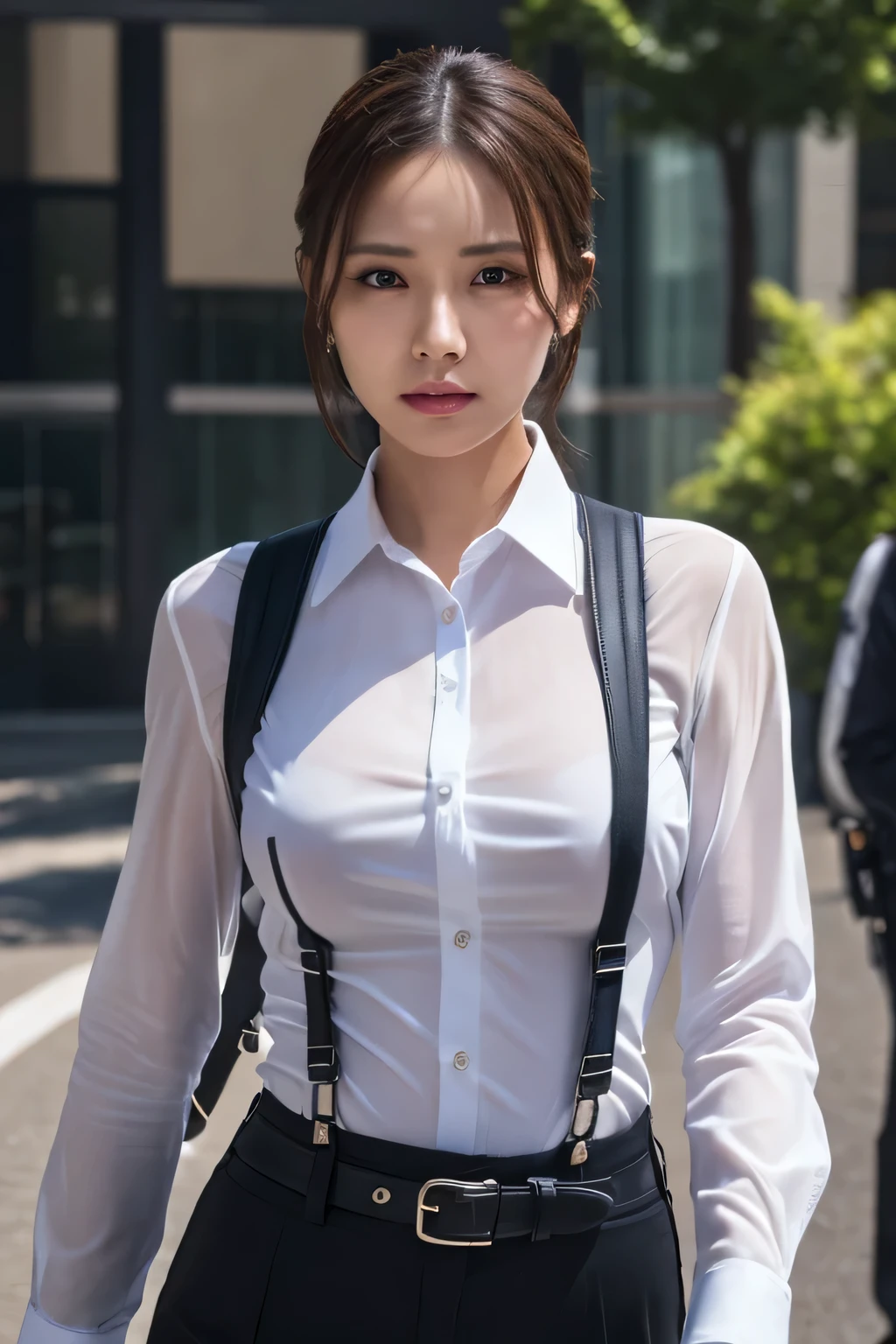 a woman in a suit, belt, hands behind back, sweating, suspenders, black pants, sexly, large breasts, see-through clothing, rain, detective, office worker, white button-up shirt, (best quality,4K,8k,highres,masterpiece:1.2),ultra-detailed,(realistic,photorealistic,photo-realistic:1.37),hyper-detailed,highly detailed face and body, Slender　thin　suspenders　Moderate breasts　See-through shirt　Nipples　holster　chain　Pistol　Armament　criminal　Female criminal　knife