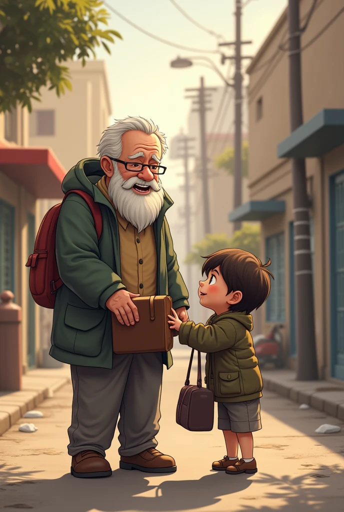 An example of honesty: A child is helping an elderly man carrying his belongings, the scene depicts honesty and helpfulness.