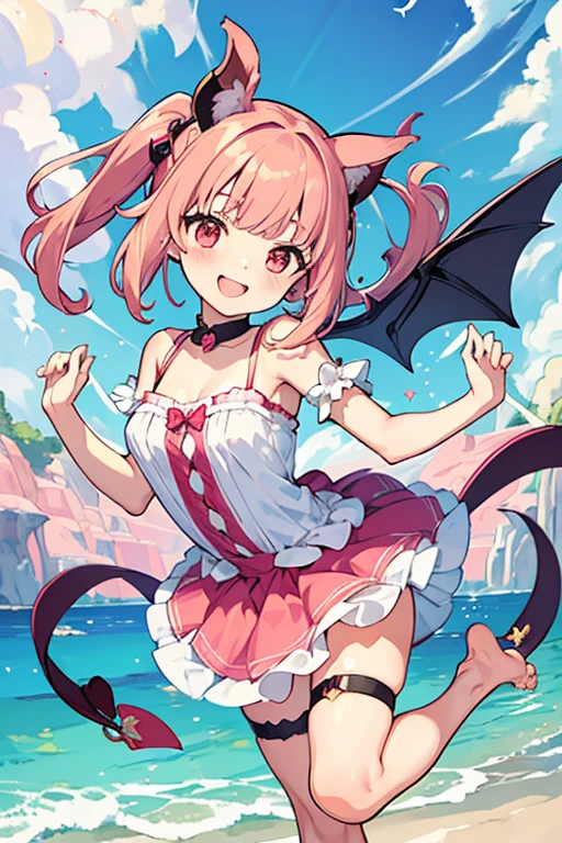 (masterpiece,best quality,ultra-detailed), an anime girl who is a playfully and sweet succubus. She has candy pink m-shaped bangs short hair with twin ponytails, ruby round eyes, fruit bat ears and wings, wearing an attire, barefoot, ankle straps, flying in a playful pose, smile playfully, looking at viewer