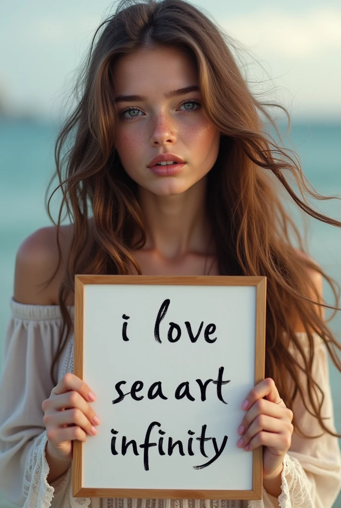 Beautiful girl with wavy long hair, bohemian dress, holding a white board with text "I Love Seaart Infinity" an
d showing it to the viewer