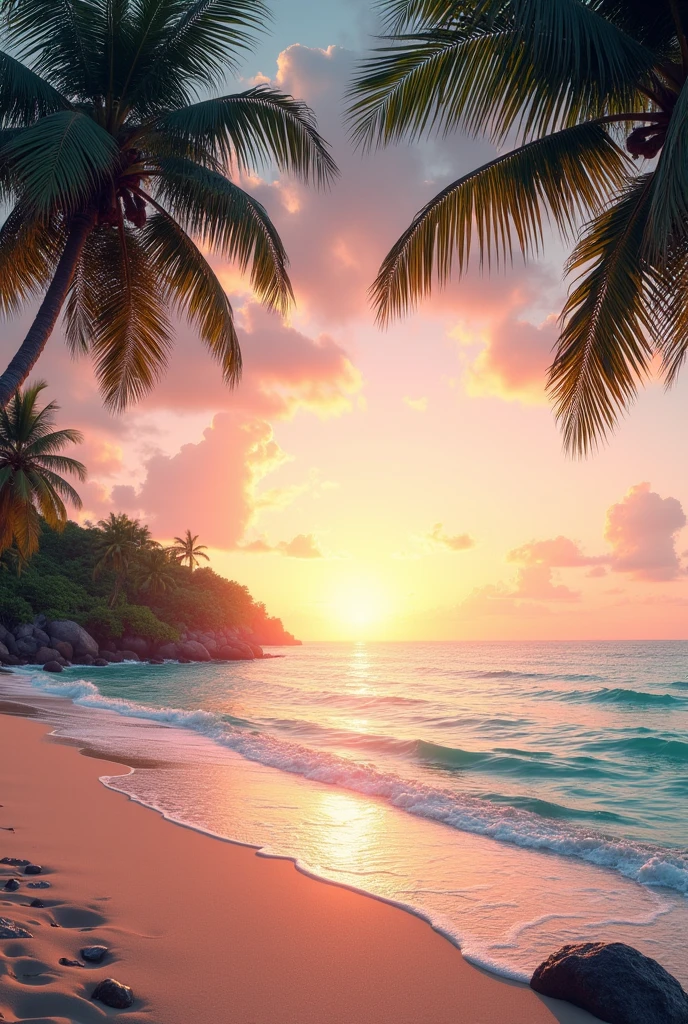 Describe a tropical beach at dawn, with palm trees swaying in the wind, gentle waves crashing on the sand and a sky painted in shades of pink and orange."