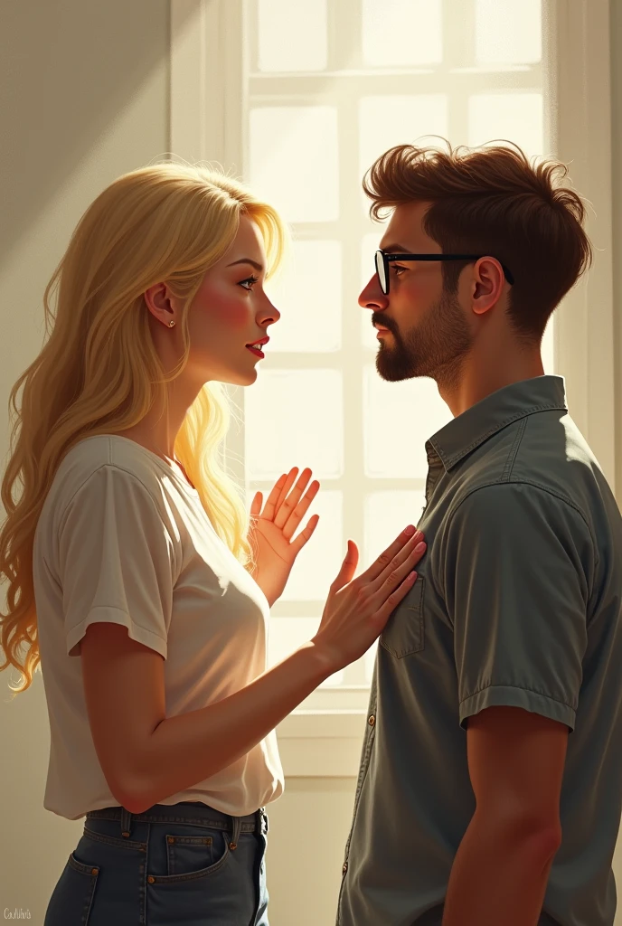 blonde woman making peace with white man with brown hair and glasses


