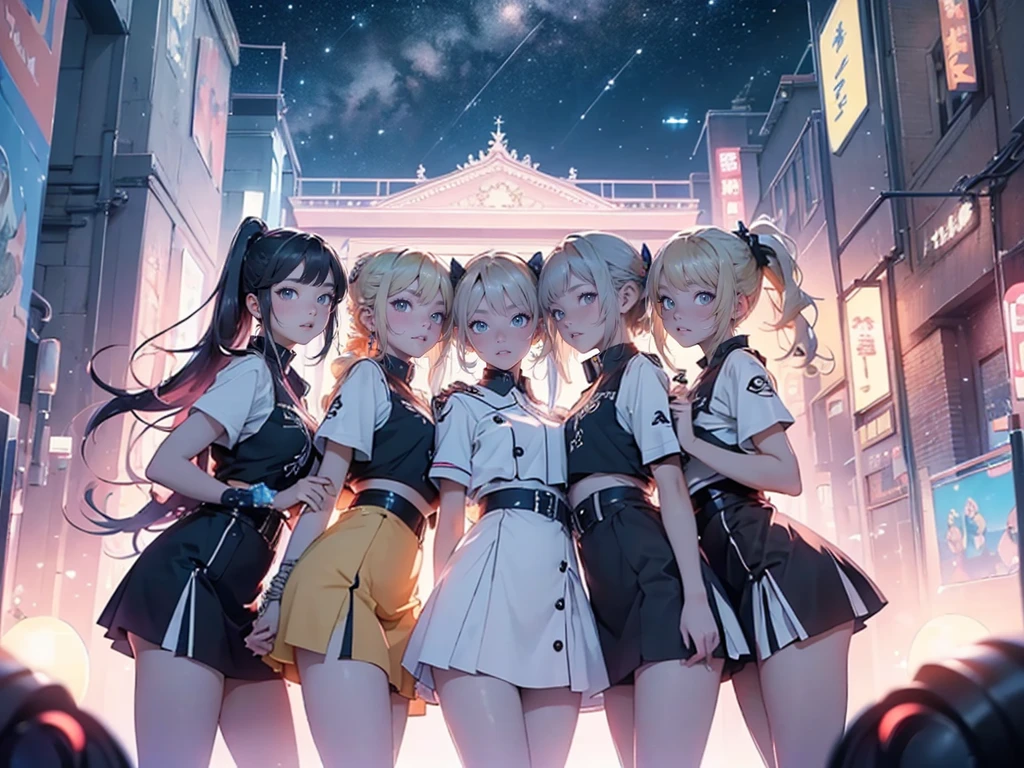 A starry sky, ((Group photo:1.5)), Jump into the night sky, Wide Shot, Professional photography, (Future Idol), (Semi-long hair, ponytail), (Beautiful eyes in every detail), (((cute, Smile))), Matching outfits, A penetrating atmosphere, Vivid and clear, Cut out a scene, Very detailed CG 8k, Very nice 8K CG wallpaper, Beautiful Anime, 8K Anime Art Style, Anime Style、Detailed 8K animation, (masterpiece, 最high quality), High resolution, high quality, Very detailed, Ultra Sharp, Cinema Lighting