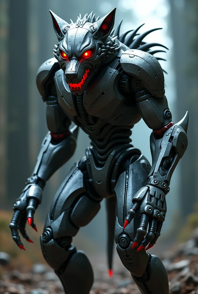 1 con quái vật, một con sói metals, metals. red eyes, armored, the box said, Metal body, imaginary robot, tay trắng, arm raised(Perfect Hands), masterpiece, Best quality, werewolf high resolution, HorrorFantasy