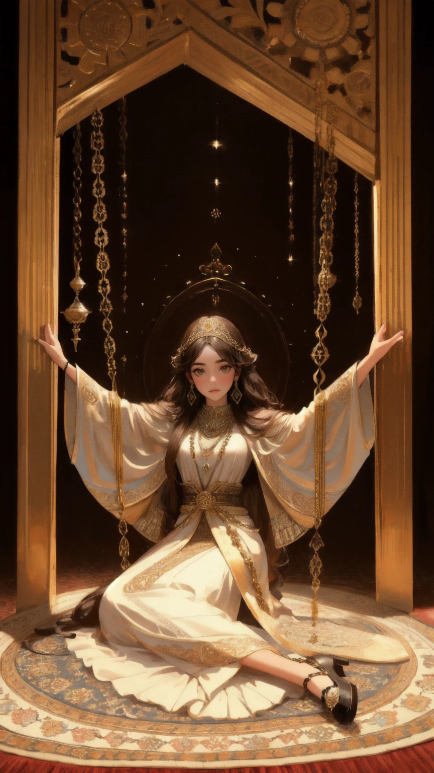 A beautiful girl with flowing hair sits elegantly on top of a 'Rug-Pull-Proof' carpet, which is hovering in the air. The carpet features intricate, luxurious patterns and is suspended by golden chains. Below, several hands are reaching up towards the carpet. The entire scene is set against a rich brown background, creating a mystical, ancient ambiance with ornate arches framing the scene.