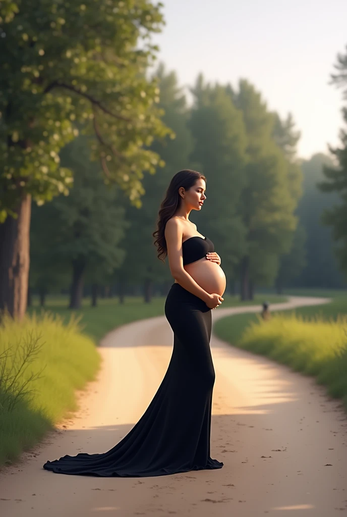 pregnant woman in black dress standing on dirt road in wooded area, a picture by Bernardino Mei, shutterstock, digital art, wearing a long dress, maternal photography 4 k, maternity feeling, profile pose, elegant profile pose, doing an elegant pose, pregnant belly, pregnancy, elegant posed, side pose, she is wearing a black dress, woman posing