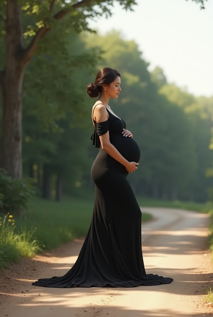 pregnant woman in black dress standing on dirt road in wooded area, a picture by Bernardino Mei, shutterstock, digital art, wearing a long dress, maternal photography 4 k, maternity feeling, profile pose, elegant profile pose, doing an elegant pose, pregnant belly, pregnancy, elegant posed, side pose, she is wearing a black dress, woman posing