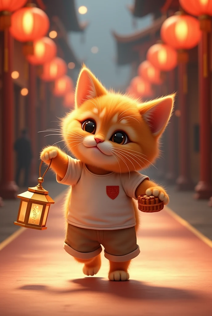 (photorealism:1.2), a cute ginger cat eating mooncake holding lantern and wearing t-shirt and shorts walking on the runway