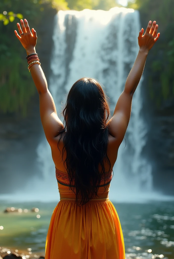 Indian glowing chubby  real girl in waterfall  back profile with hands in air realistic photo
