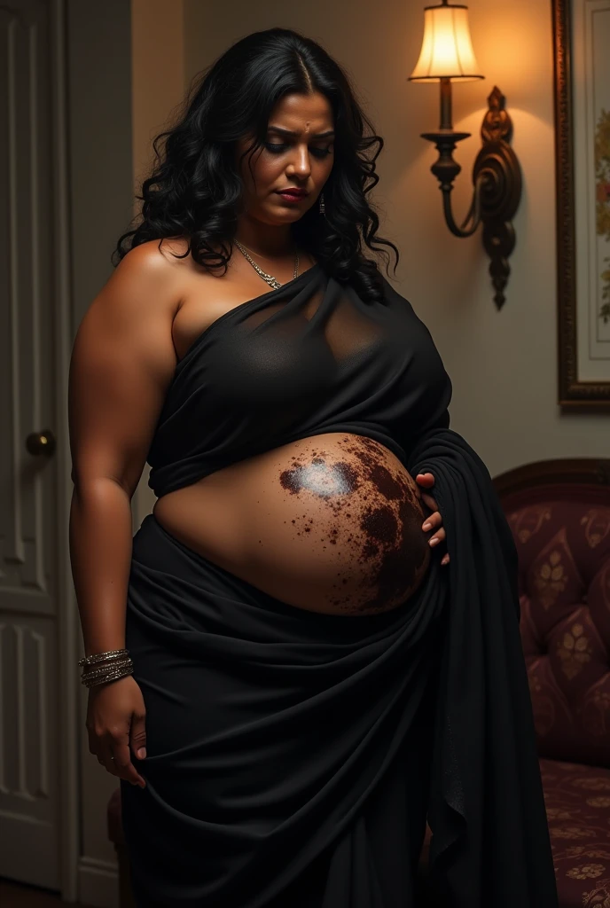 Beautiful indian darkskinned woman,fat breasts ,big belly ,black saree,showing chest and belly area ,big breasts,full ,accidentally pooped in her saree,