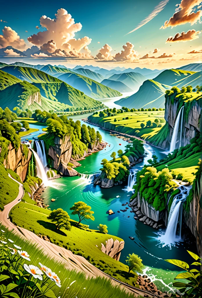 Masterpiece, ultimate quality, Cg unity 8k wallpaper, super delicate, beautiful sky and clouds, rich natural scenery, cliffs, lakes and rivers, waterfalls and flying water, beautiful green mountains, no trace of people, excellent scenery, has already won a photo contest, background Blurring, full depth of field, HDR high dynamics, true restoration, intricate, extreme details, dramatic presentation, perfectly presenting the style of midjourney art.