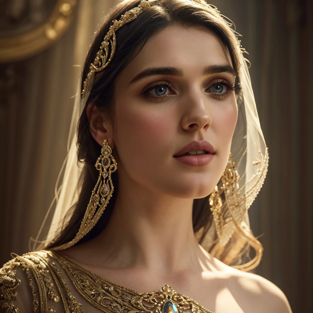 a beautiful detailed portrait of Katie McGrath, stunning eyes, perfect lips, delicate facial features, long eyelashes, elegant expression, flowing hair, detailed jewelry, ornate dress, intricate background, exquisite lighting, cinematic composition, ethereal mood, dreamlike atmosphere, vibrant colors, masterpiece, 8k, photorealistic