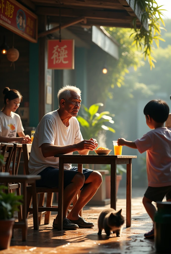 (Photorealism 1.2) high detailed definition cinematic cinematography old Chinese man wearing white t-shirt short trousers at old rusty wood coffee shop sitting drinking coffee bowl of noodles at table young women shop attendant servings customer kids running cat begging food wet floor morning mode sunlight silhouette at Malay old town Chinese noodle store