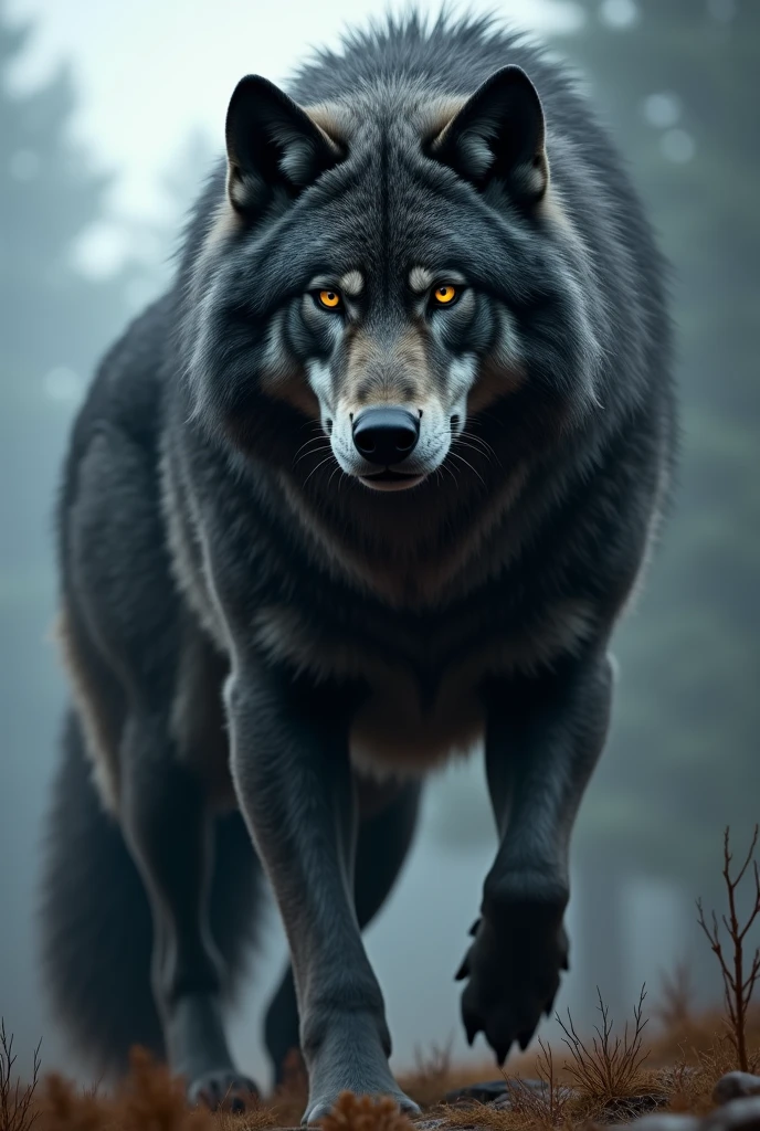 The wolf is about 2 feet tall..10 meters tall, large and with thick dark gray-black fur. Bright golden eyes that sparkled with his senses. His fur was thick and made him look powerful and fierce.
