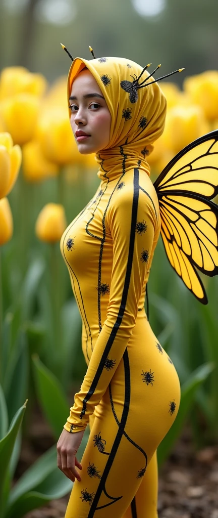 The beautiful Malaysian muslimah adult girl with beautiful cheeks wears light yellow Bee lycra turtleneck unitard catsuit covered with black stripes.She has a pair of insect wings.She always wear yellow bee lycra elastane stretchy dancewear square hijab covered with black stripes with antenna.She smells a tulip flowers
