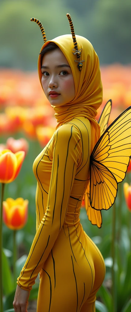 The beautiful Malaysian muslimah adult girl with beautiful cheeks wears light yellow Bee lycra turtleneck unitard catsuit covered with black stripes.She has a pair of insect wings.She always wear yellow bee lycra elastane stretchy dancewear square hijab covered with black stripes with antenna.She smells a tulip flowers
