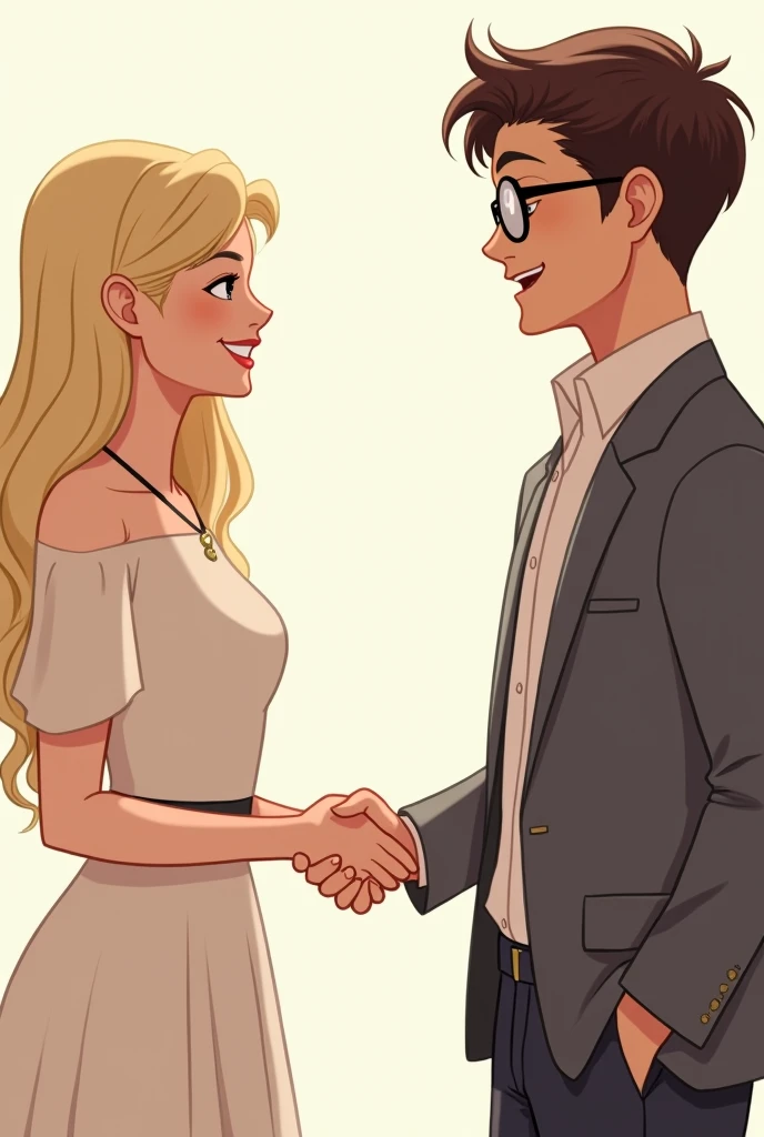 blonde woman making peace shaking hands with white man with brown hair and glasses

