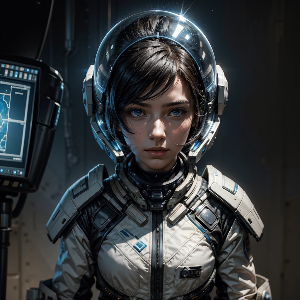 a female scientist in a futuristic uniform of the interstellar fleet analyzes with an orographic screen some alien components found in a battlefield, hyper-realistic, hyper-detailed, photo-realistic, perfect-details, intricate-details, high quality