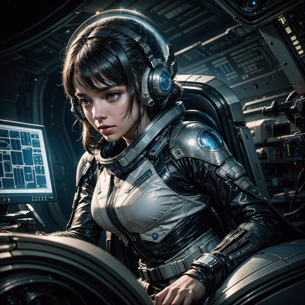 a female scientist in a futuristic uniform of the interstellar fleet analyzes with an orographic screen some alien components found in a battlefield, hyper-realistic, hyper-detailed, photo-realistic, perfect-details, intricate-details, high quality