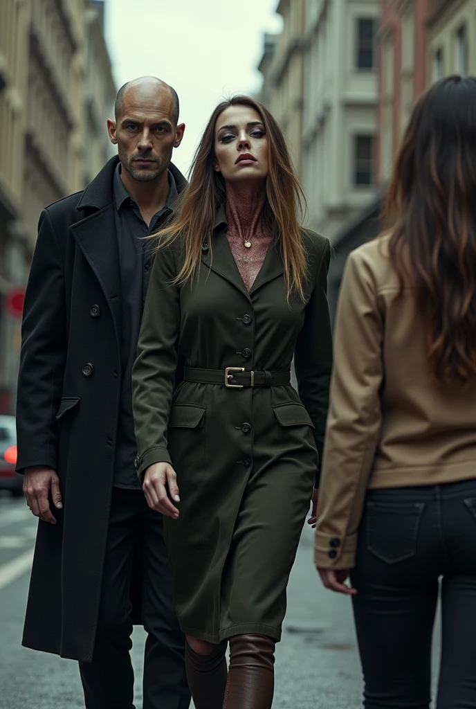 (photo realist)
a very very very very ugly and disfigured woman, is walking with her tall boyfriend, blacksad, with shaved hair, the boyfriend watches intently as a brunette woman with long, black hair and blonde ends passes in front of them