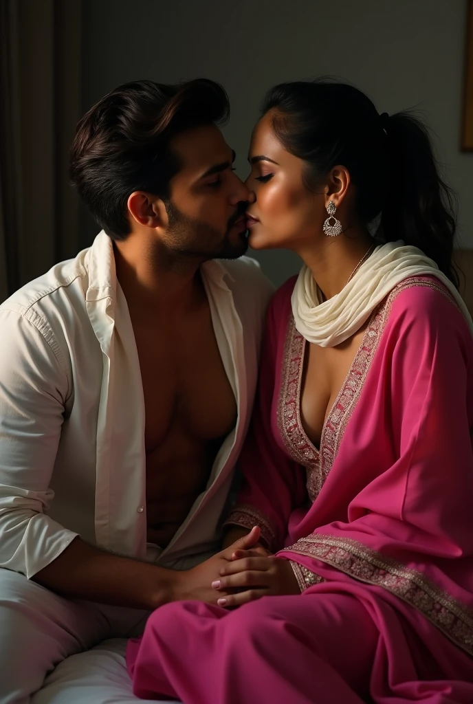 Photo of Voluptuous Indian Mature Aunty with dusky skin, Wearing Tight yellow Kurti and White stole tied around her neck, Showing large Cleavage with nipples, Sitting on Bed and Kissing a Slim Young Boy, Hair tied behind, Dim light in the room.