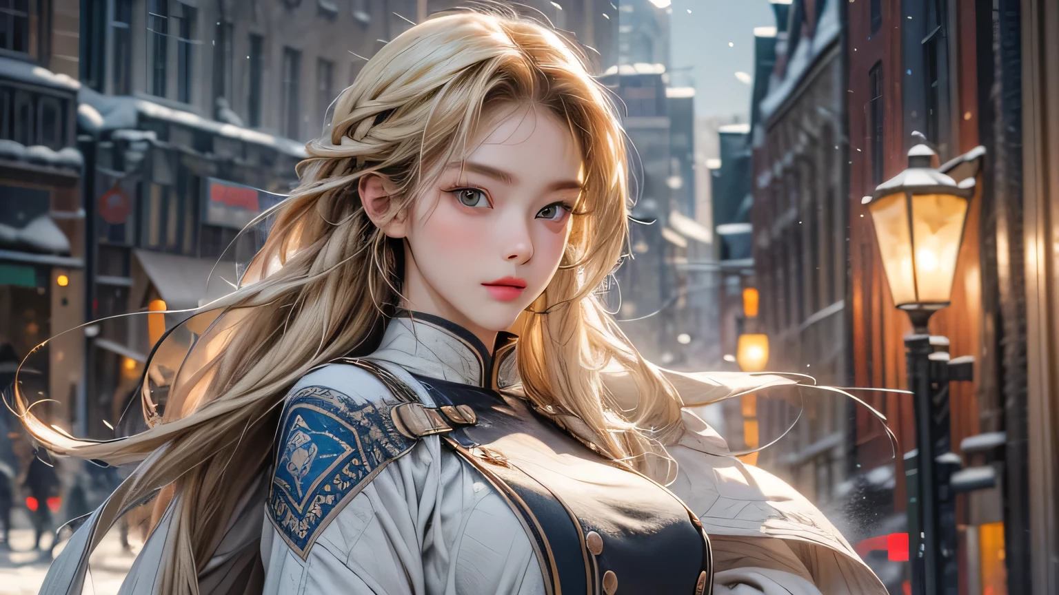 (highest resolution, distinct_image), realistic, Best quality, single person, one girl, solo, masterpiece, highly detailed, realistic, long hair, braid, ((blond hair)), (blue military uniform underneath the coat), depth of field, (falling snow), ((big breasts)), authoritative, dignified, calm and powerful expression, ambient lighting, exquisite facial feature, (fur-trimmed white coat), open coat, short skirt, looking at viewer, head to waist, dynamic angle, light smile, ((from front)), ((quiet and spacious plaza in background))
