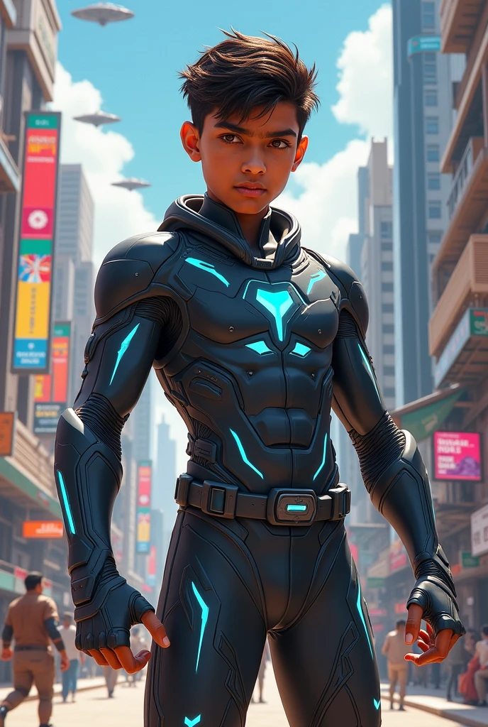 A indian superhero boy from 2050 with great physic