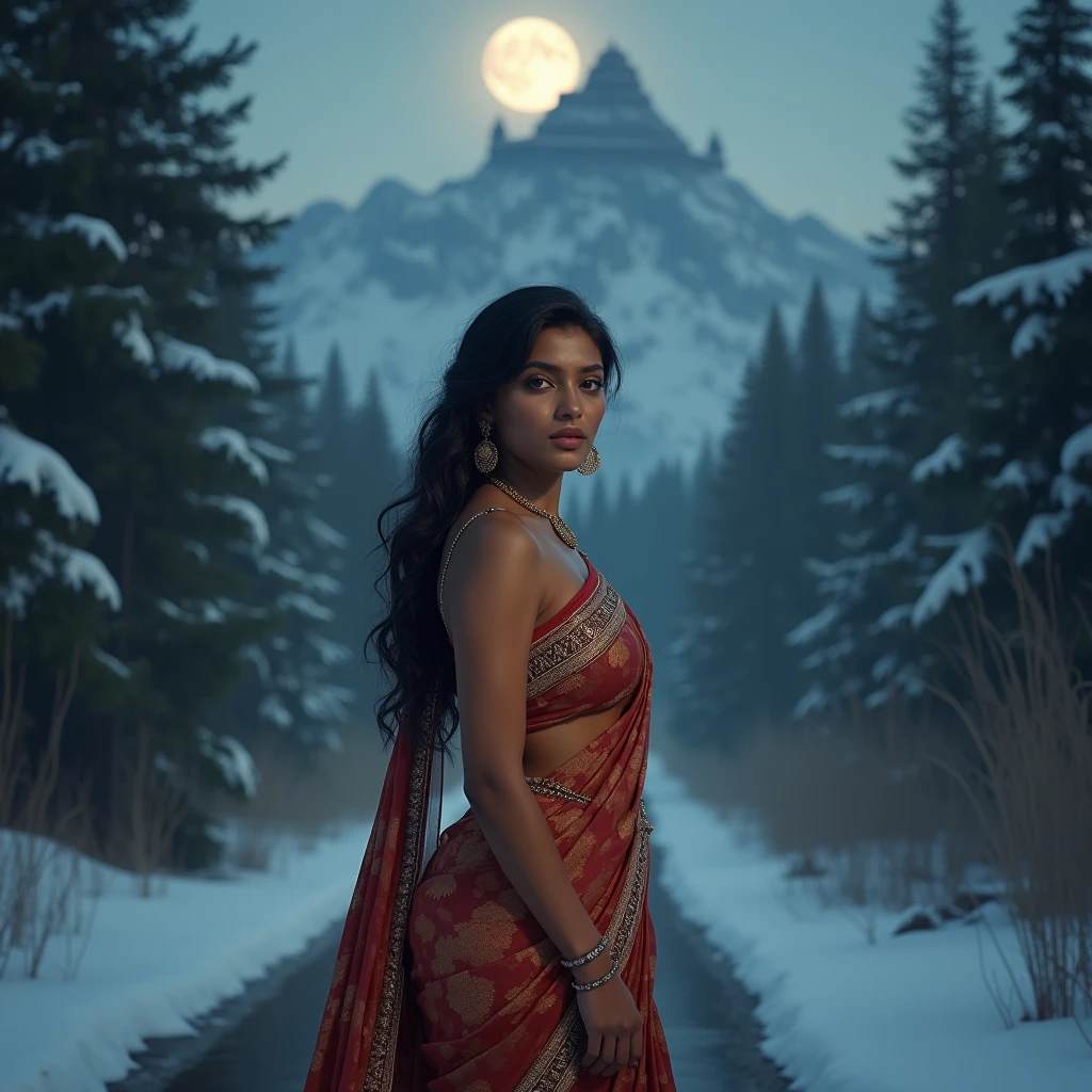 Beautiful indian woman posing, straight photoshoot pose, full body portrait, moonlit night, night time, winter, walking on forest path, detailed face, cute, big eyes, iconic, photorealistic, mountain temple, detailed background, big breasts, sexy thin saree, long wavy hair, cleavage, symmetric face, masterpiece, 8k, ultra realistic