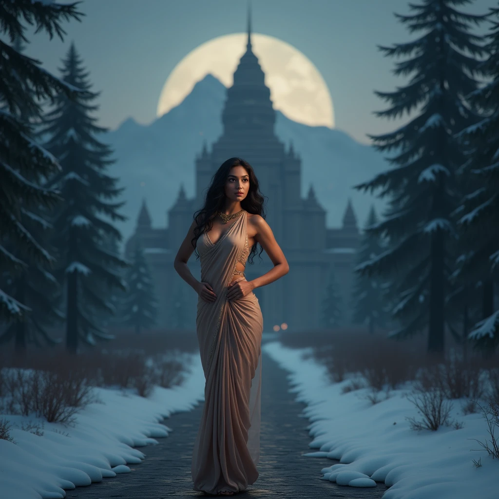 Beautiful indian woman posing, straight photoshoot pose, full body portrait, moonlit night, night time, winter, walking on forest path, detailed face, cute, big eyes, iconic, photorealistic, mountain temple, detailed background, big breasts, sexy thin saree, long wavy hair, cleavage, symmetric face, masterpiece, 8k, ultra realistic