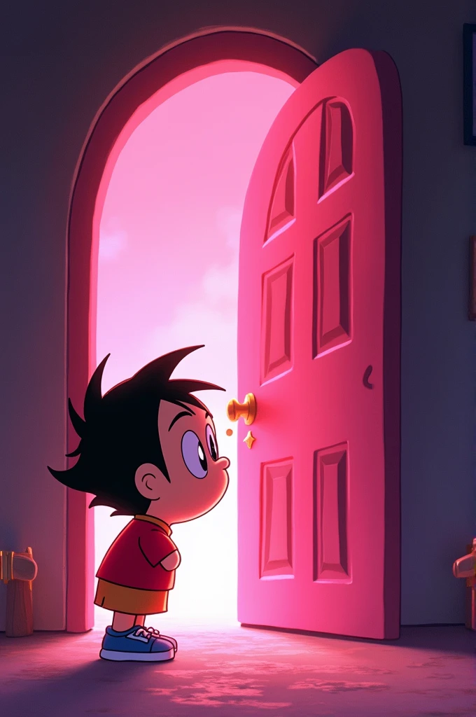 Shinchan looking at a dark pink door which is see through from other side