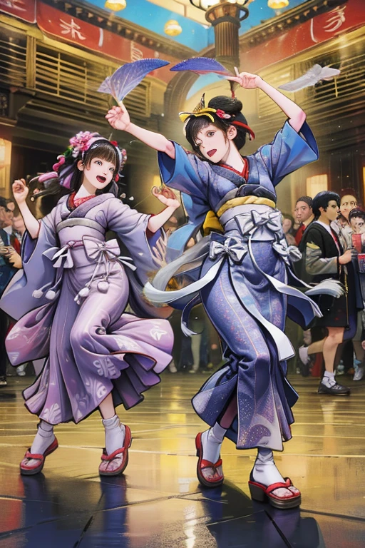 (Japan Bon Odori,最高masterpiece,Highest quality), Hot August,Bright vibrant anime art,People of all ages and genders dance and dance, Dancing in yukata,Laughing and dancing, Showing white teeth,Men and women dance in a circle, masterpiece,Highest quality,High resolution,