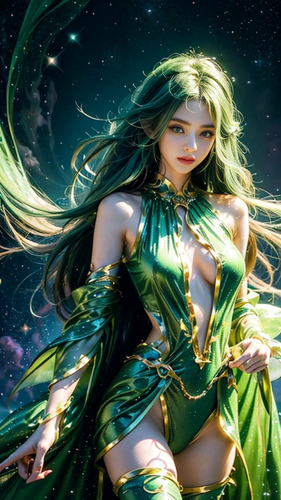 4K Ultra HD, Masterpiece, A girl with a magical aura, (good face:1.2), very Long hair, Detailed eyes, Glossy lips, ta costume, (green costume:1.5), The aura around the body, Magical effect, Spread white light, Cosmic elements and ethereal atmosphere, A mix of bright lights and colorful nebulae, universe background, Perfect body,