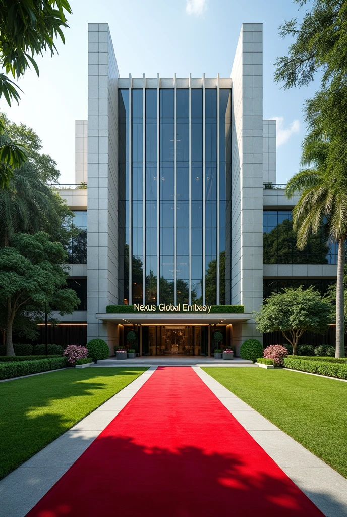 An image of a Corporate embassy put the words Nexus Global Embassy I want it to have the words Nexus Global Embassy on a concrete.The building has its own compound that is extremely developed with grass, trees and flowers Singaporean architecture expose the words Nexus Embassy with red carpets