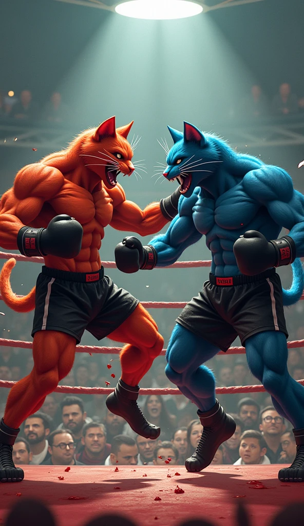 Create realistic images A dramatic scene features two anthropomorphic cats in a boxing ring. The muscular red cat, wearing black shorts and boxing gloves, is receiving a powerful kick to the stomach from a larger blue-furred cat, who is also wearing black shorts. Bright bursts of energy and blood explode from the point of impact, highlighting the intensity of the moment. In the background, a captivated audience watches with various expressions of shock and excitement.