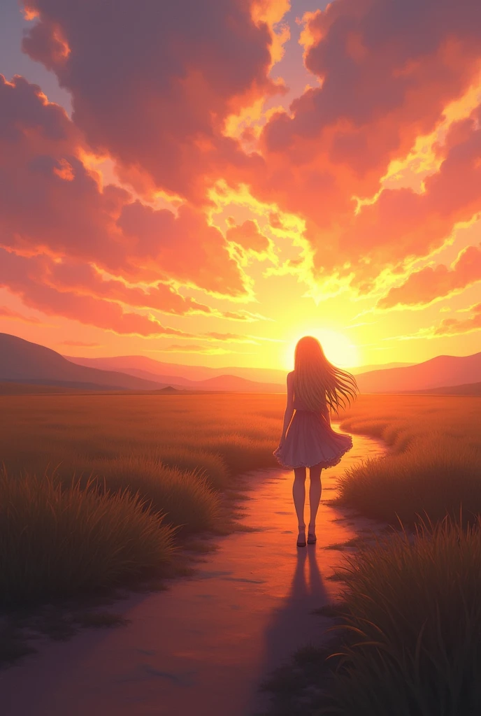 blonde woman walking far away at sunset