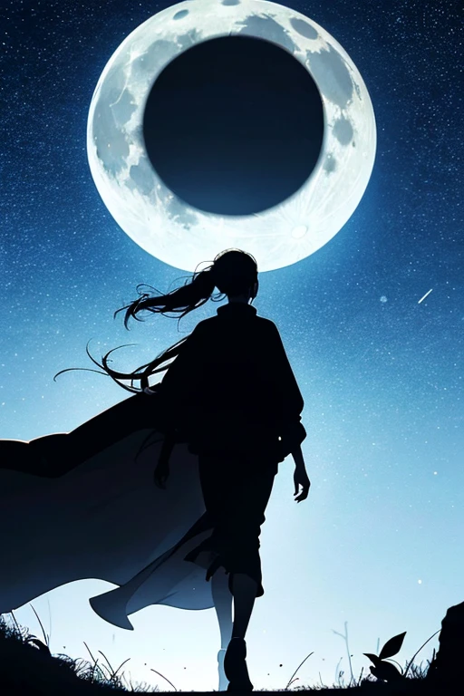 Highest quality,Big moon and shadow,A silhouette of a person can be seen against the backdrop of a large moon.,There is one full moon,There is a mood,Beautiful scenery,Starry Sky