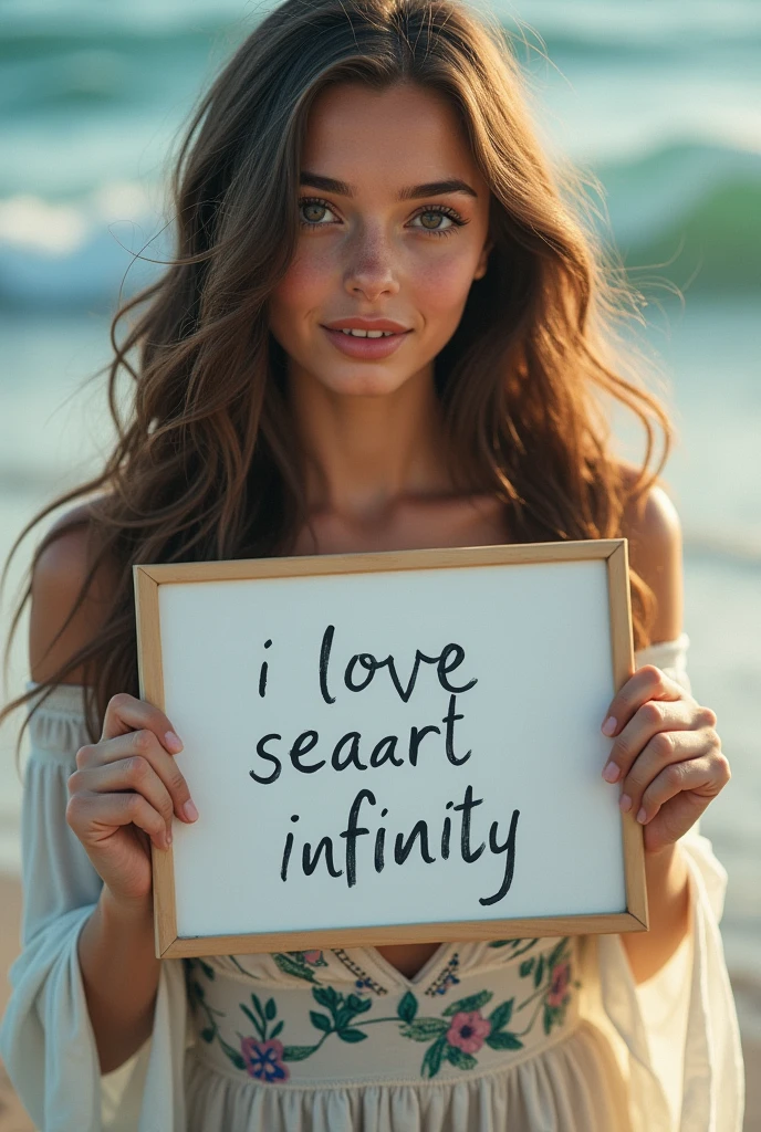 Beautiful girl with wavy long hair, bohemian dress, holding a white board with text "I Love Seaart Infinity" and showing it to the viewer